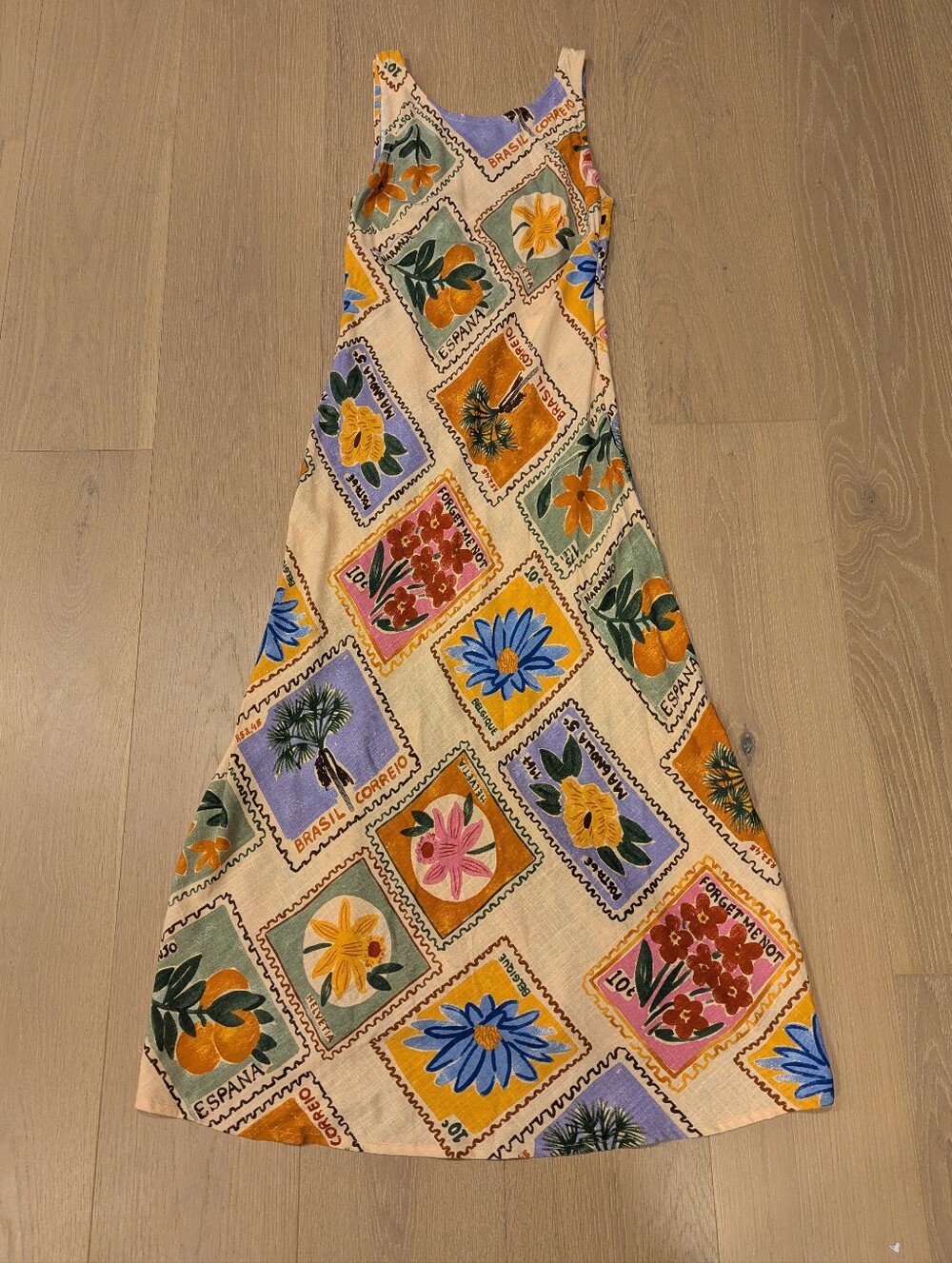 Floral Stamp-Print Maxi Dress in Beige and Multicolor